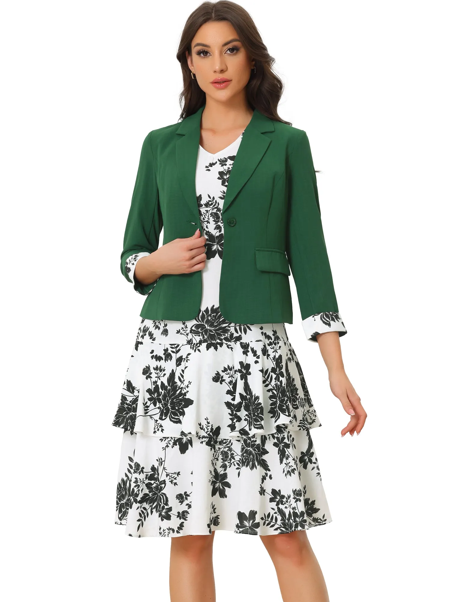 Work flower Print Contrast Panel 2pc Sets Chiffon V Neck Jacket Dress