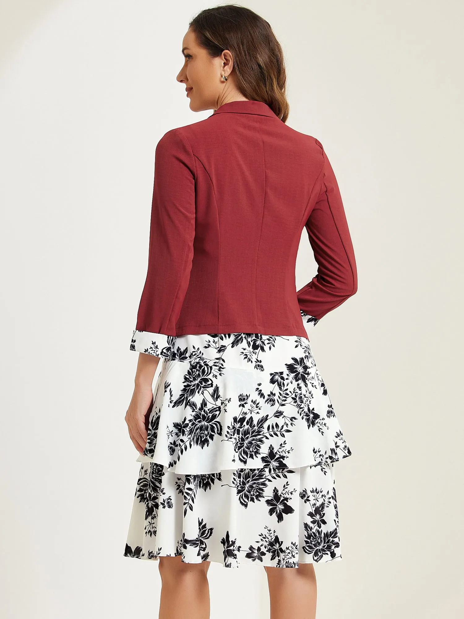 Work flower Print Contrast Panel 2pc Sets Chiffon V Neck Jacket Dress