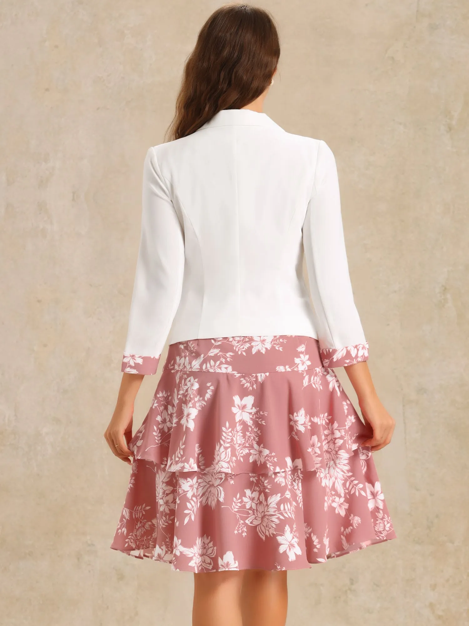 Work flower Print Contrast Panel 2pc Sets Chiffon V Neck Jacket Dress