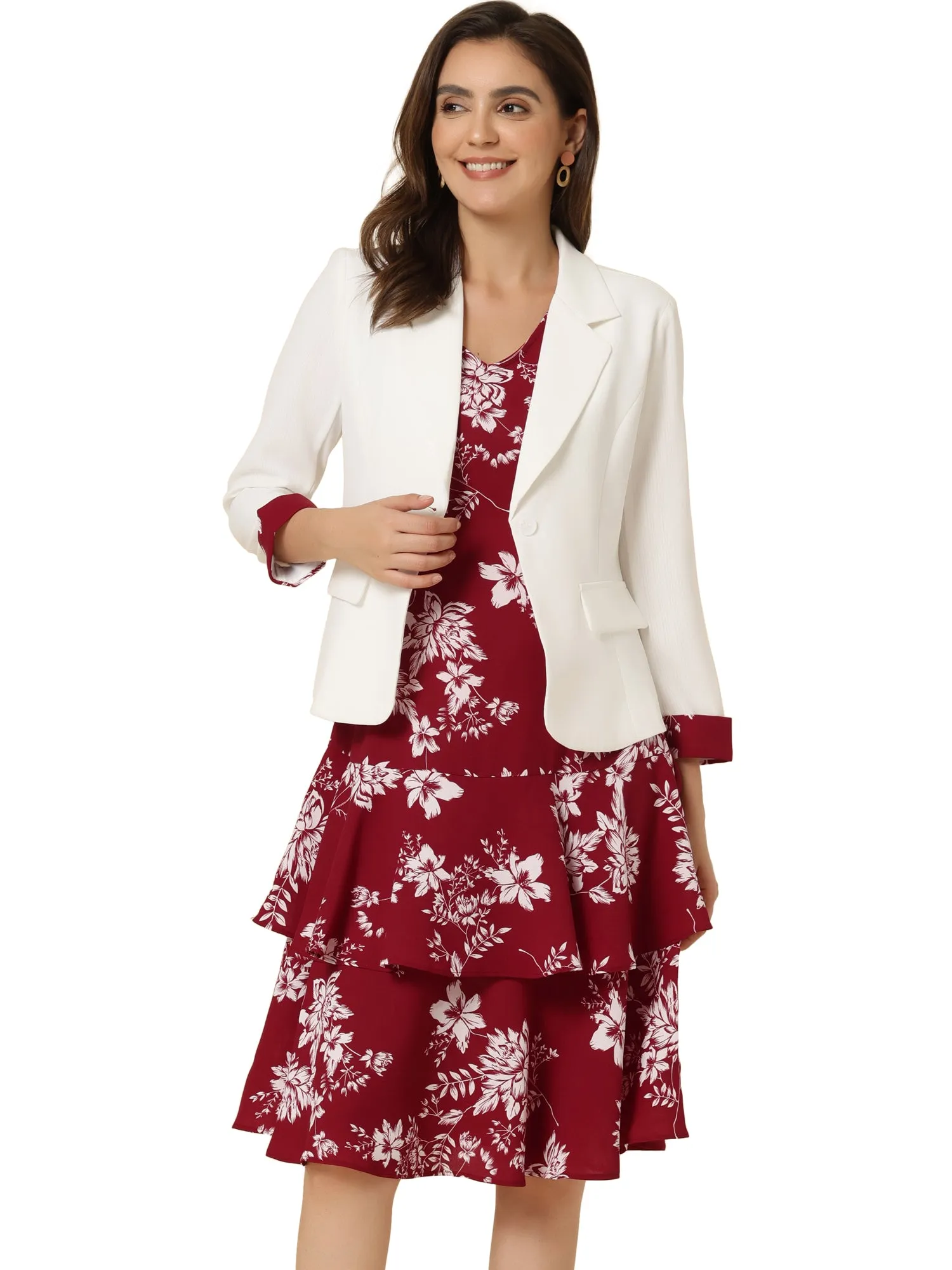 Work flower Print Contrast Panel 2pc Sets Chiffon V Neck Jacket Dress