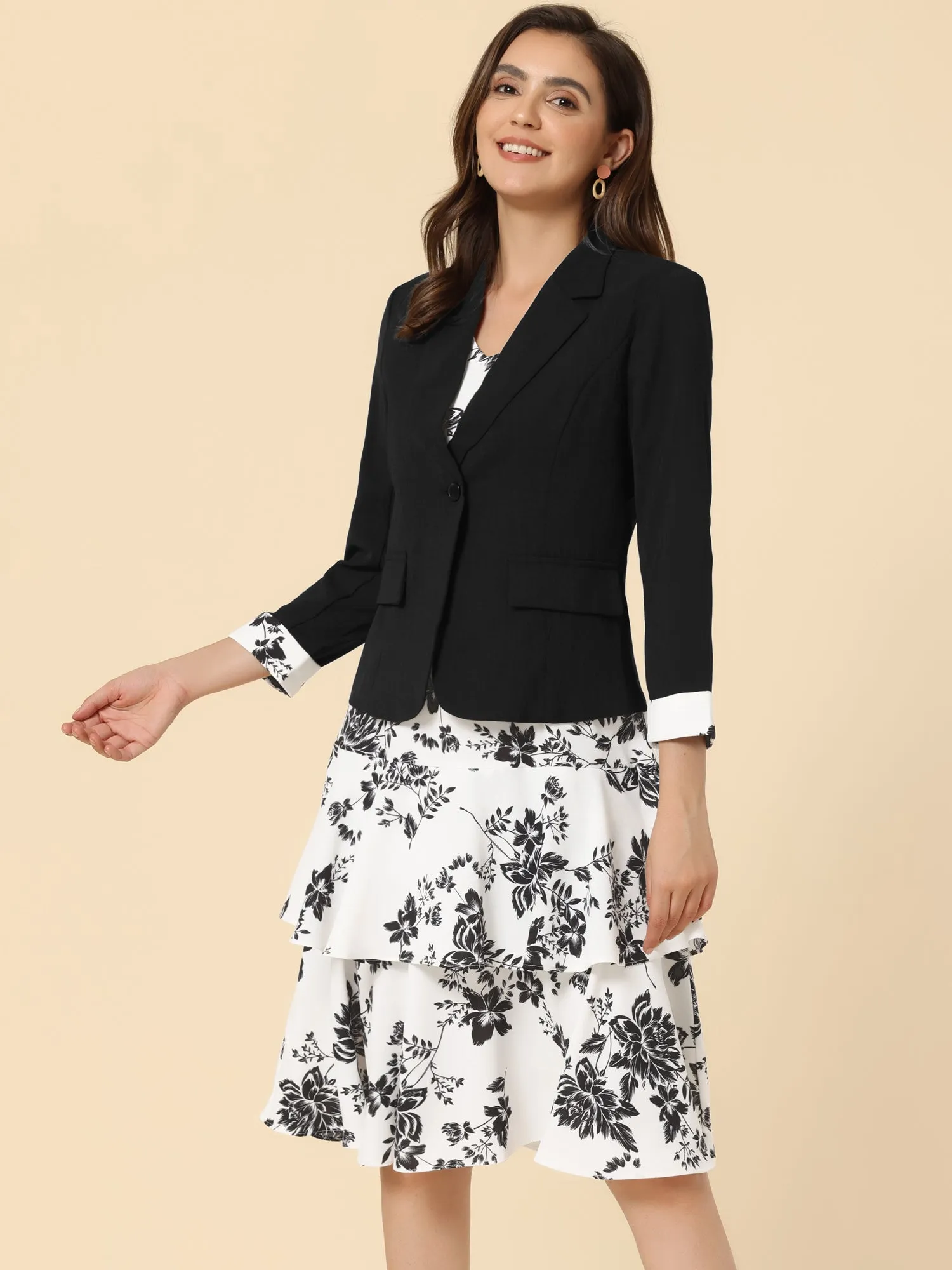 Work flower Print Contrast Panel 2pc Sets Chiffon V Neck Jacket Dress