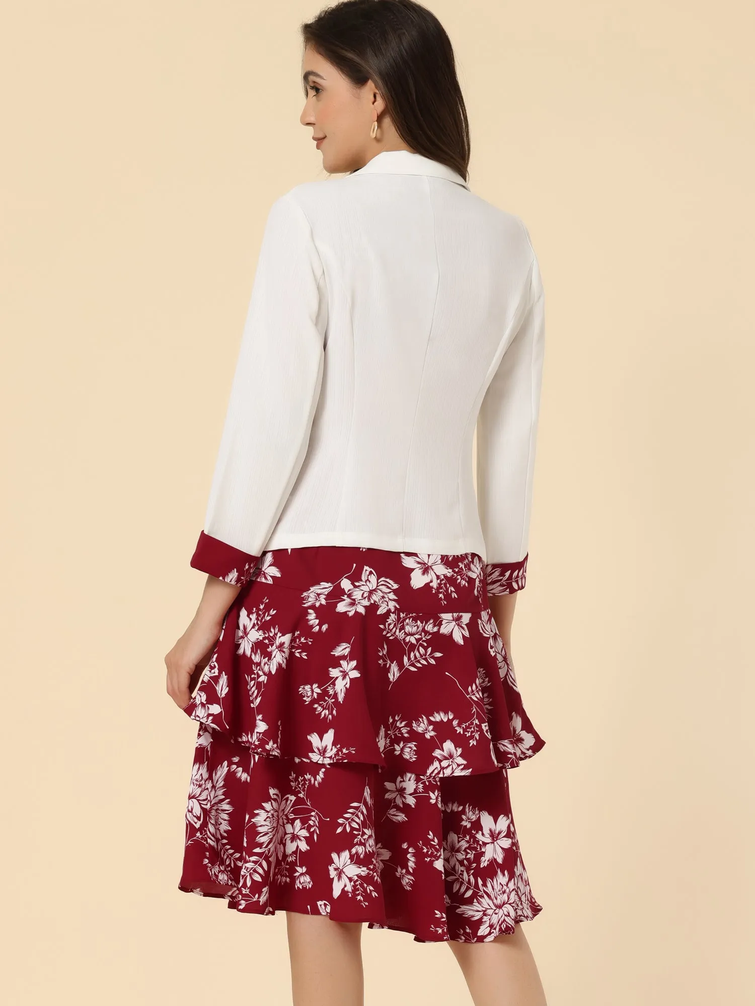 Work flower Print Contrast Panel 2pc Sets Chiffon V Neck Jacket Dress