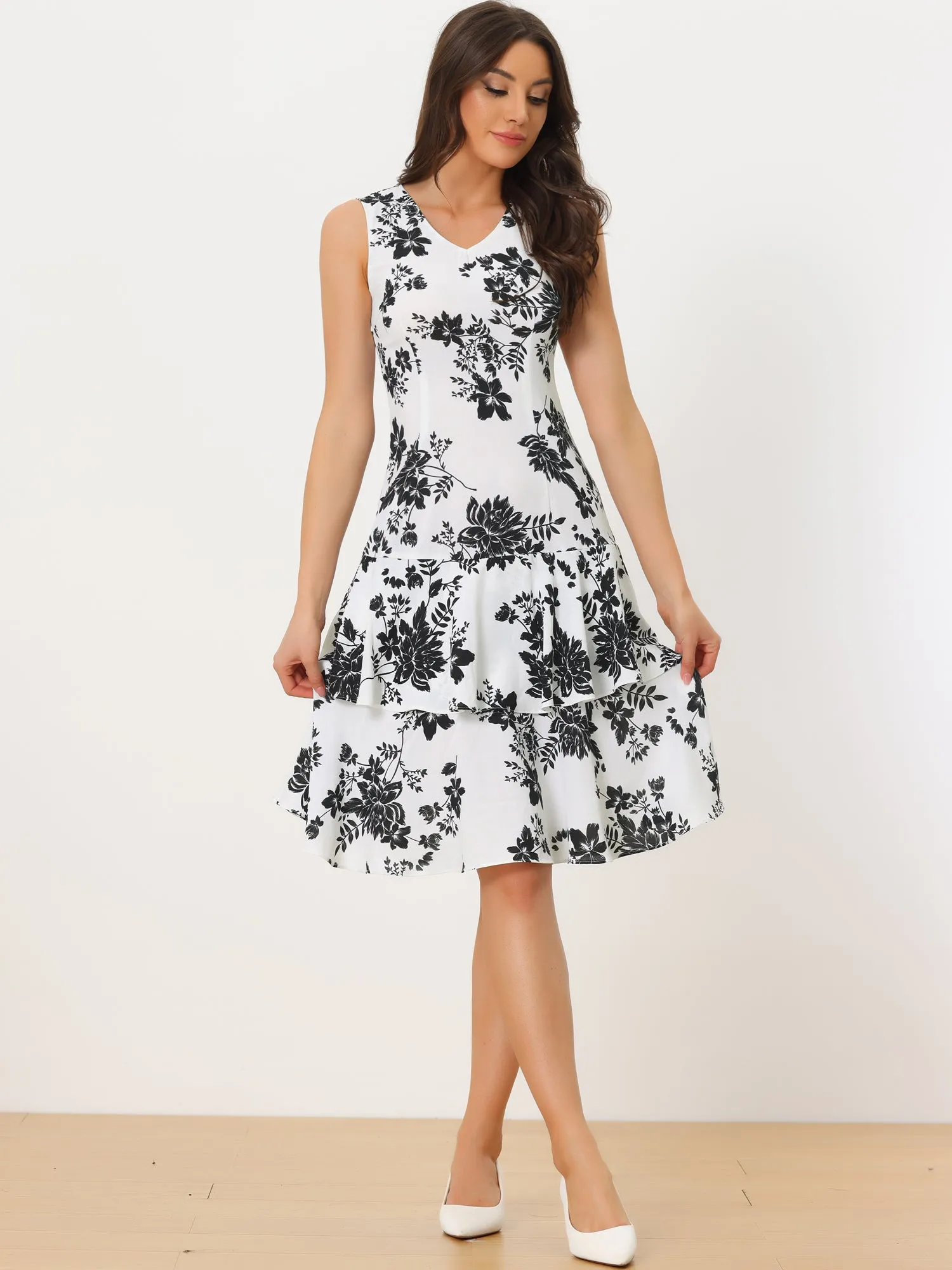 Work flower Print Contrast Panel 2pc Sets Chiffon V Neck Jacket Dress
