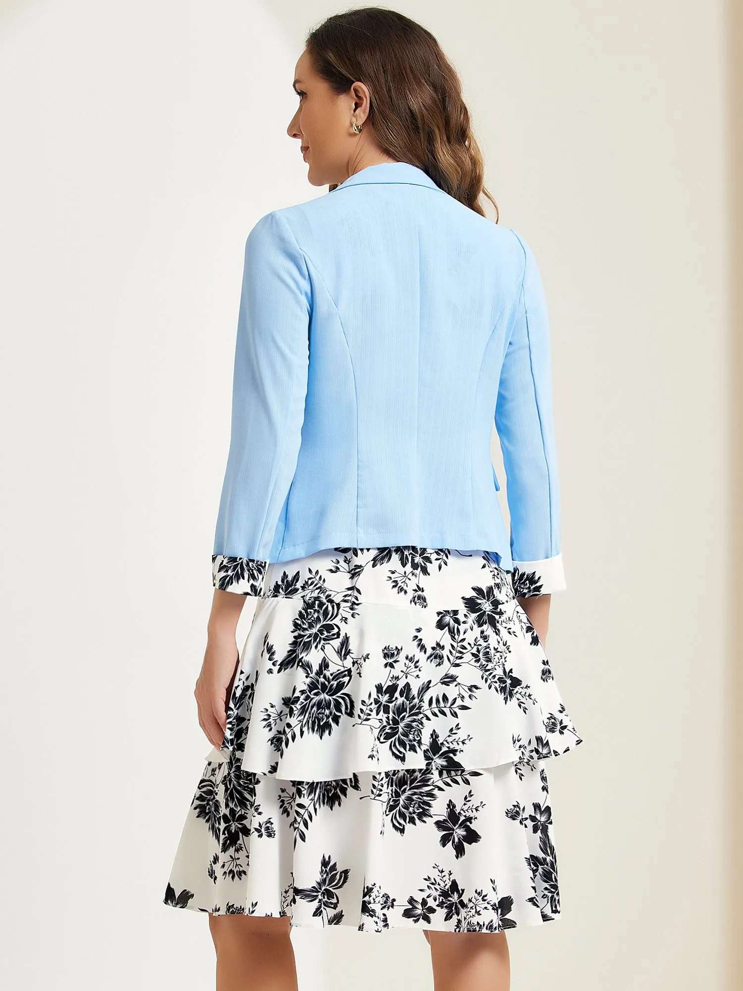 Work flower Print Contrast Panel 2pc Sets Chiffon V Neck Jacket Dress