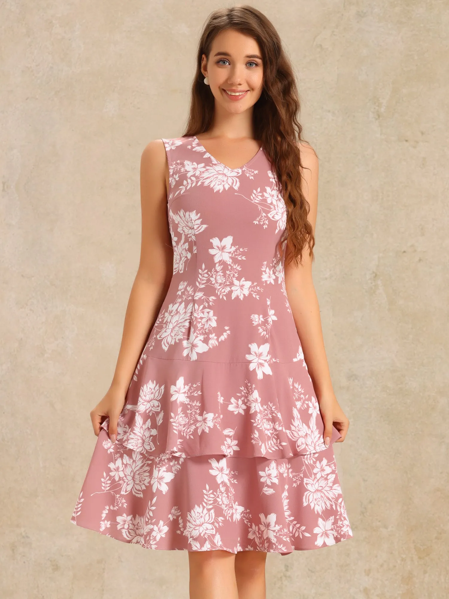 Work flower Print Contrast Panel 2pc Sets Chiffon V Neck Jacket Dress