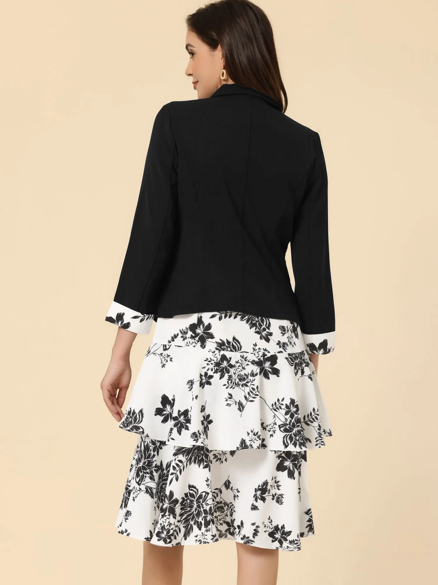 Work flower Print Contrast Panel 2pc Sets Chiffon V Neck Jacket Dress