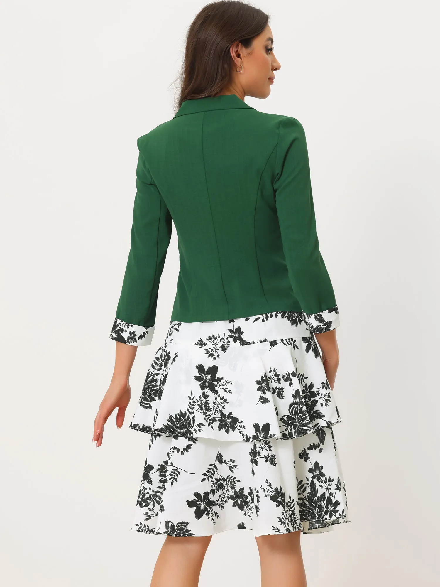 Work flower Print Contrast Panel 2pc Sets Chiffon V Neck Jacket Dress