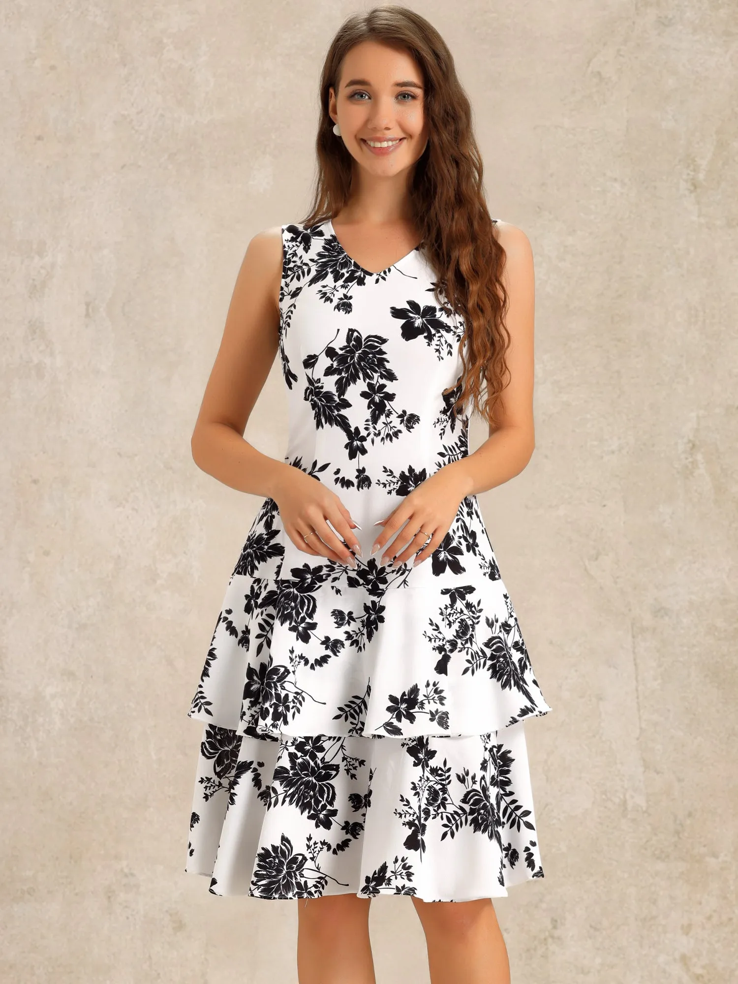 Work flower Print Contrast Panel 2pc Sets Chiffon V Neck Jacket Dress