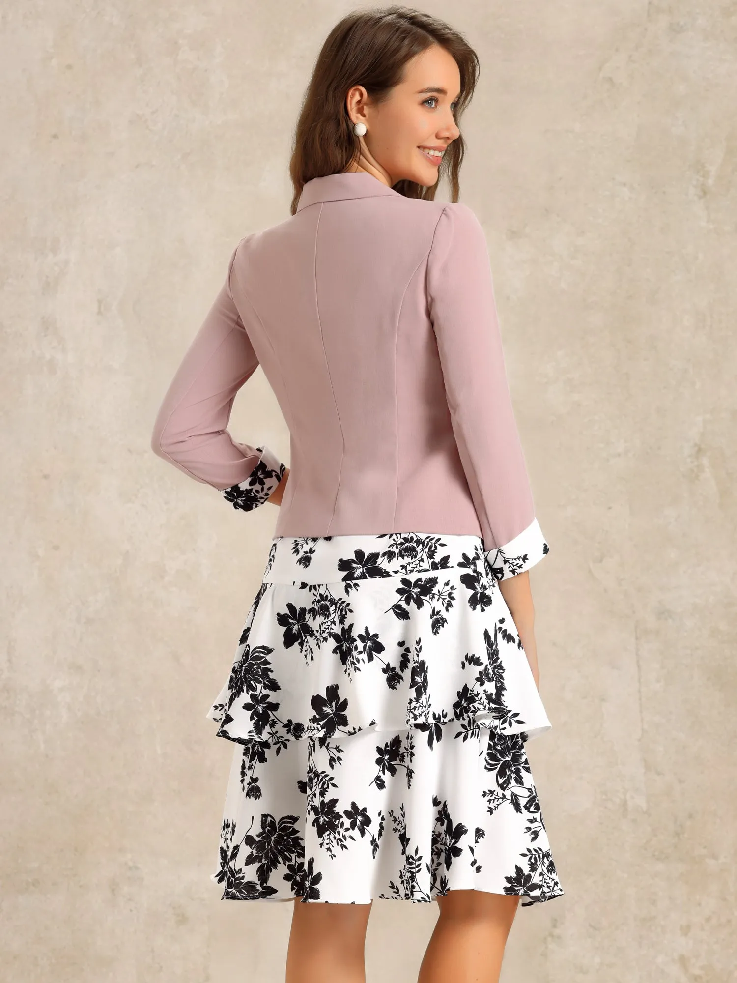 Work flower Print Contrast Panel 2pc Sets Chiffon V Neck Jacket Dress