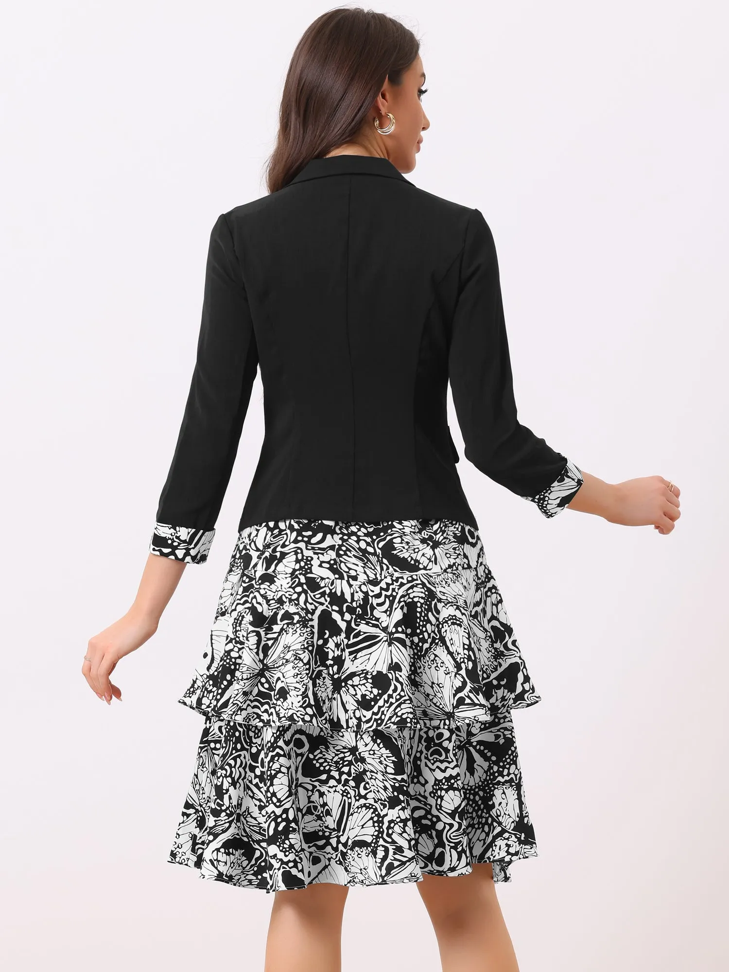 Work flower Print Contrast Panel 2pc Sets Chiffon V Neck Jacket Dress